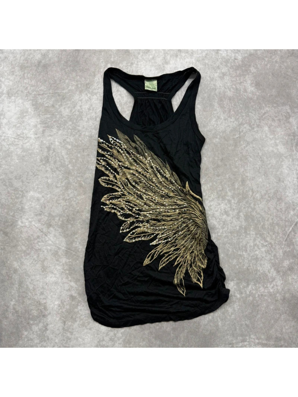 Vintage Y2K East Way Gold Foil Angel Wings Racerback Tank Top Black S